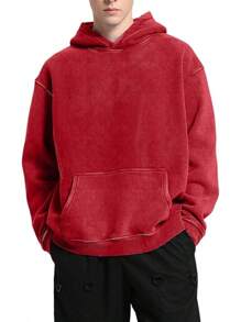 FAIABLE Mens Hoodies Oversized Unisex Wash Hoodie Heavyweight Fleece Vintage Cotton Sweatshirt Men Women Streetwear - Đỏ - Xem 2
