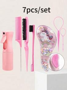 7-delige set haarstylingtools voor kinderen, inclusief haarclip met eenhoornontwerp, luchtkussenborstel, haarkam, verlengclip, verfborstel en haarsprayfles, draagbaar