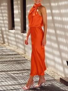 Women's Summer Satin Dress Elegant Sleeveless Fake Neckline Graduation Cocktail Party Maxi Dresses - 橘色 - 查看 3