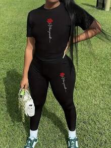 Rose Casual Spring/Summer Two Pieces Set, Crew-Neck Short-Sleeved T-Shirt And Pants Set, Women's Clothing