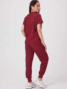 1pc Women's Custom Knitted Polyester Workwear Scrub Set With Patch Pockets, Nurse Uniform Suitable For Pharmacy, Beauty Salon, Doctors And Nurses, Comfortable, Perfect For Professionals. V-Neck Top With 2 Pockets, Elastic Waist Nurse Pants - Ideal Uniform For Female Doctors, Nurses, Dentists - Burgundy - View 6