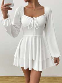 1 Peça Vestido com Mangas de Lanterna Decotado nas Costas e Amarração, Macacão Plissado Elegante Adequado para Bar, Festa, Casa