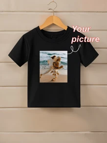 Camisetas gráficas personalizadas para niñas, agrega tus propias fotos de familia/mascotas/selfies/amigos, camiseta con impresión de foto personalizada, uniformes de equipo/exterior/clase, top negro de manga corta y cuello redondo para niñas, regalos personalizados para fiestas, cumpleaños, aniversarios, camisas culturales, recuerdos de fiesta, ropa de primavera y verano - Negro - Ver 1