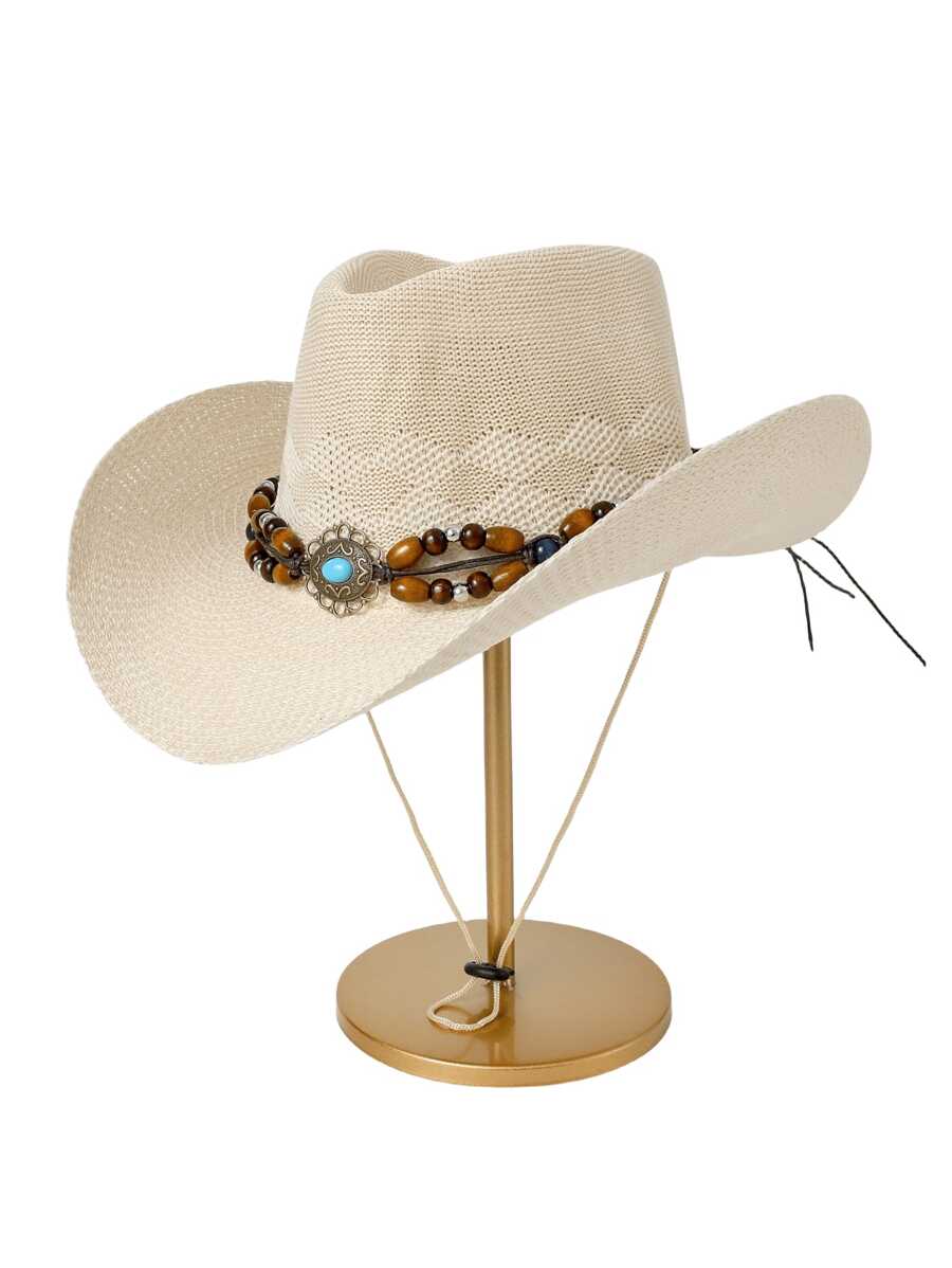 1 件装草帽，女士时尚波西米亚风格宽边太阳帽，涤纶材质，可调节拉绳，四季通用 - 彩色 - 查看 1