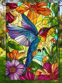 1 件鲜艳的蜂鸟和芙蓉双面花园旗帜 - 14.17x18.50 英寸，亚麻材质，非常适合户外草坪和庭院装饰、农舍装饰（仅旗帜） - 彩色 - 查看 4