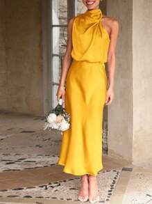 Women's Summer Satin Dress Elegant Sleeveless Fake Neckline Cocktail Gown - 黃色 - 查看 5