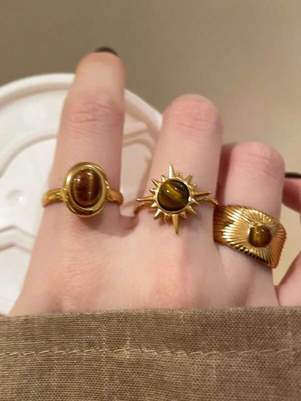 Set de 3 anillos abiertos con decoración de sol a la moda, apropiado para uso diario de mujeres