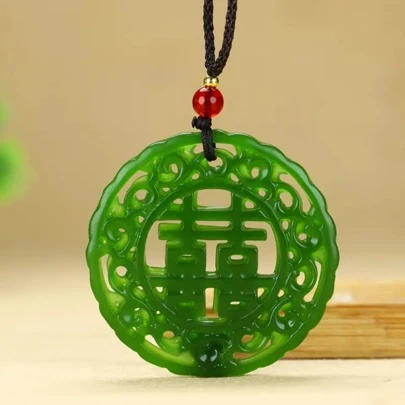 1pc Natural Jade Green Double Sided Hollow Happiness Pendant, Quartz Gem Jewelry, High Quality Sweater Gem Necklace, Men's And Women's Fashion Jewelry, Handcrafted - Healing Good Luck, Various Festival Party Gifts, Crystal Gifts (Random Gifts: Lanyard, Gift Box)
