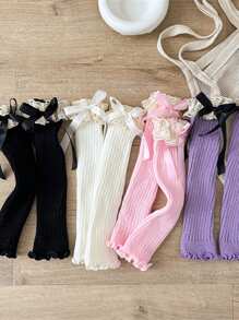 Fashion Retro Girls Ruffle Bow Knitted Long Sock, Warm Leg Warmers, Spring Autumn