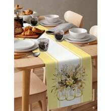 1Pc Table Runner For Kitchen Dinner Holiday Birthday Wedding Party Decor, Spring Flower Arrangement Stripes Yellow Washable Seasonal Table Center Decor Runner