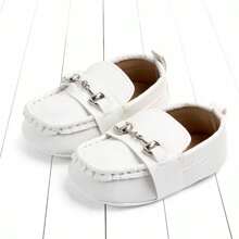 White Infant Bean Shoes,Male And Female Babies The Same Style,Metal Lock Design,Soft Sole Non-Slip Simple Fashion,Flat Shoes For Newborns - White - View 5