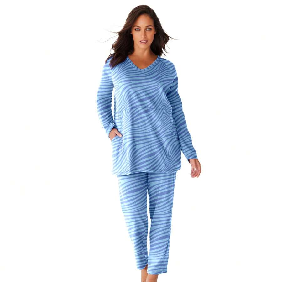 Dreams & Co. Plus Size Petite 2-Piece Lounge Set - 法國藍斑馬 - 查看 1