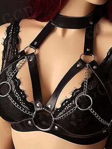 1PC Women PU Leather Chest Harness Belt With Chain Fashion Body Bondage Adjustable Suspenders Punk Goth Clothing For Underwear Nightclub Accessories