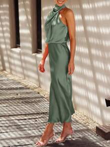Women's Summer Satin Dress Elegant Sleeveless Fake Neckline Cocktail Gown - xanh quân đội - Xem 3