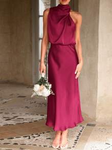 Women's Summer Satin Dress Elegant Sleeveless Fake Neckline Graduation Cocktail Party Maxi Dresses - 暗紅色 - 查看 5