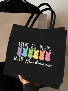 Colorful Cartoon Rabbit Pattern Printed Black Linen Handbag,Cute Rabbit Pattern,"Treat All With Kindness"Pattern ,Easter Bunny,Large Capacity Cosmetic Bag With Hand Rope,Hanging Toiletry Bag,Travel Cosmetic Bags