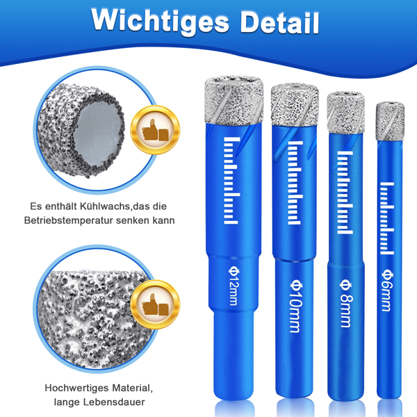 SURFOU Diamant-Fliesenbohrer Set, 5, 6, 8, 10, 12 mm und 6mm Metall Bohren Bohrer für Feinsteinzeug, Keramik, Granit, Glas, Porzellan, Marmor, Mauerwerk