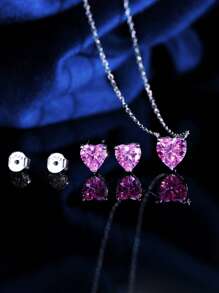 1 Set 5A Grade Cubic Zirconia 925 Sterling Silver Classic Heart Shaped Pink Pendant Necklace And Earrings, Engagement, Daily Party Jewelry Sets For Women, Anniversary Holiday Gifts