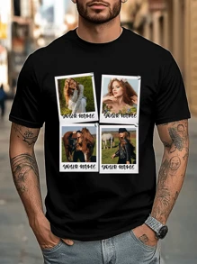 Customized Photo Printed Loose Men's T-Shirt, - Add Your Own Text And 4 Photos (Family Photo/Selfie/Couple Photo) To Style.Personalized Family Reunion Group Clothing, Custom Photo/Dad/Mam/Couple/Gifts For Him Boyfriend/Girlfriend,Family,Friends,For Vacation/Holiday/Friends Festival Outfit, Holiday/Anniversary/Wedding