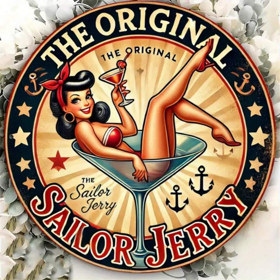 1 件 Sailor Jerry 香料朗姆酒，8 英寸 20x20 厘米圆形金属标牌，复古金属牌匾 - 适用于家庭、办公室、酒吧、俱乐部、电影院、咖啡厅、卧室艺术装饰复古金属印花 - 有趣的礼物