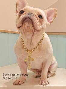 1st volledig met strass bezette kruishanger aan dikke goudkleurige legeringketting, glanzend en sprankelend, past bij huisdieren zoals katten, honden, Franse bulldog, golden retriever, labrador, punk/hiphop/straatmode accessoire ketting