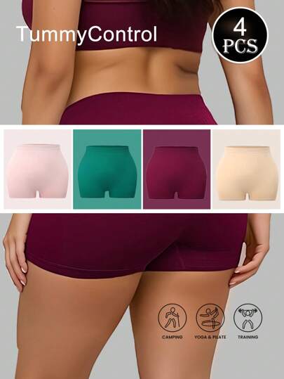 3 piezas Pantalones cortos tipo bóxer sin costuras de cintura alta para mujer talla grande, ropa interior suave y elástica unicolor, pantalones cortos de antirroces para yoga, deportes y debajo de vestidos