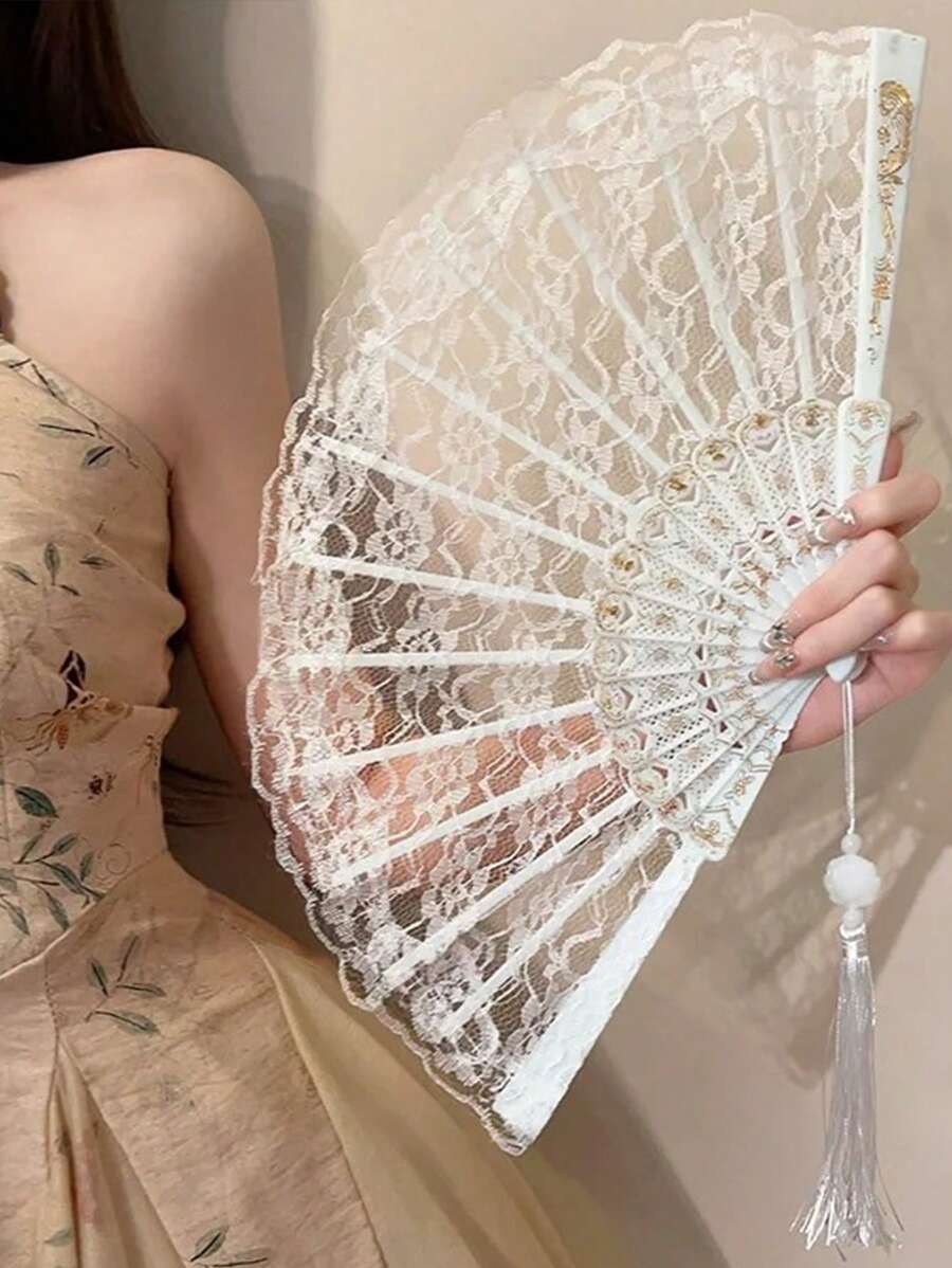 1pc Vintage French Style Lace Tassel Folding Hand Fan, Fashionable & Portable, Suitable For Summer Dance - White - View 1