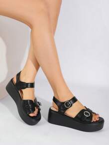 Sandales à talons hauts avec plateforme pour femmes, de couleur unie, style minimaliste et mode, convenant pour l'été. Sandales d'été pour femmes - Noir - Voir 1