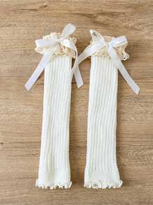 Fashion Retro Girls Ruffle Bow Knitted Long Sock, Warm Leg Warmers, Spring Autumn