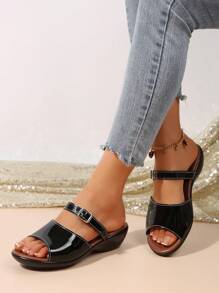 Women Simple Peep Toe Wedge Sandals, Fashionable Versatile Black Casual Slide Sandals For Summer Daily Wear