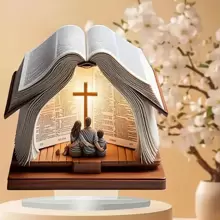 1 sztuka, 2D płaski, czeski akrylowy otwarty ornament dekoracyjny w formie książki, duchowy wzór krzyża, odpowiedni do domu i biura, wielofunkcyjny pulpit i dekoracja wejścia