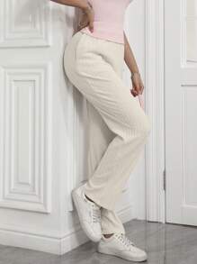 Relaxed Daily Wear Loose Pocket Elastic Waist Textured Stretch Straight Leg Vacation Pants - Apricot - View 1