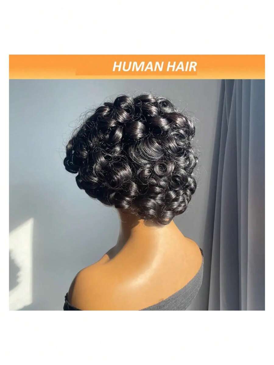 8-calowa krótka peruka Bob Curly z grzywką, peruka z ludzkich włosów Pixie Cut, sprężyste , do noszenia przez kobiety, brazylijskie włosy, bez koronki, peruka z przodu wykonana maszynowo, 8 cali