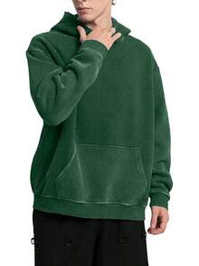 FAIABLE Mens Hoodies Oversized Unisex Wash Hoodie Heavyweight Fleece Vintage Cotton Sweatshirt Men Women Streetwear - 墨綠色 - 查看 3