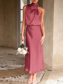 Women's Summer Satin Dress Elegant Sleeveless Fake Neckline Graduation Cocktail Party Maxi Dresses - gạch đỏ - Xem 4