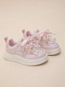 Girls' Spring Athletic Lace-Up Sneakers, Bowknot Rhinestone Decor, Kids Casual Running Shoes
