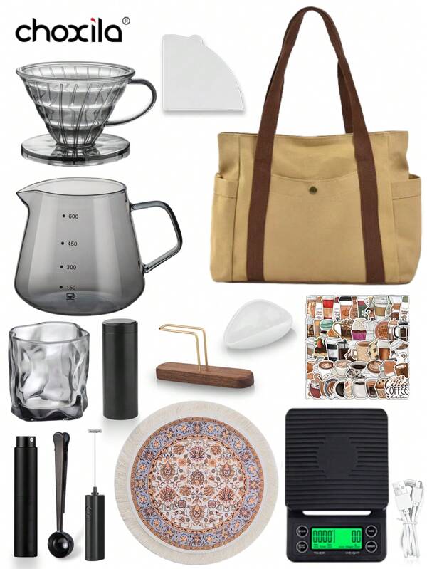 choxila 9/12/14pcs/Set Coffee Set With Storage Bag, Coffee Accessories, Pour Over Coffee Maker Set, 2-4 Cups, Holiday Gifts, Party Supplies, For Living Room, Camping Back To School