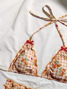 2pcs Lemon Yellow Plaid Print With Red Bow Swimwear Set, Removable Swimsuit Pads, Beach/Pool Holiday Outfits For Women - Orange - View 5