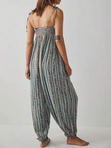 Women Boho Floral Loose Overalls Retro Sleeveless Tie Up Boat Neck Ruched Spaghetti Strap One  Piece Cami Jumpsuit Baggy Long Romper Playsuit Hippie Pants Summer Beach Vacation Bohemian Clothes - Màu xanh lam - Xem 3