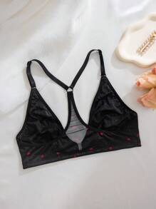 Women's Wireless Lingerie Bra With Sexy Heart Net Sheer Backless V-Neck Comfortable Lingerie Brassiere - Black - View 8