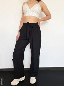 Women's Straight Leg Trousers, Elegant, Classic And Casual, Viscose And Nylon Fabric, Suitable For Spring And Summer Seasons, Natural Waist Fit With Light Elastic, Elegant And Decorative Ribbon At The Waist. Functional Side Pockets. Very Soft, Cool And Light Interior On Your Skin. - 黑色 - 查看 2
