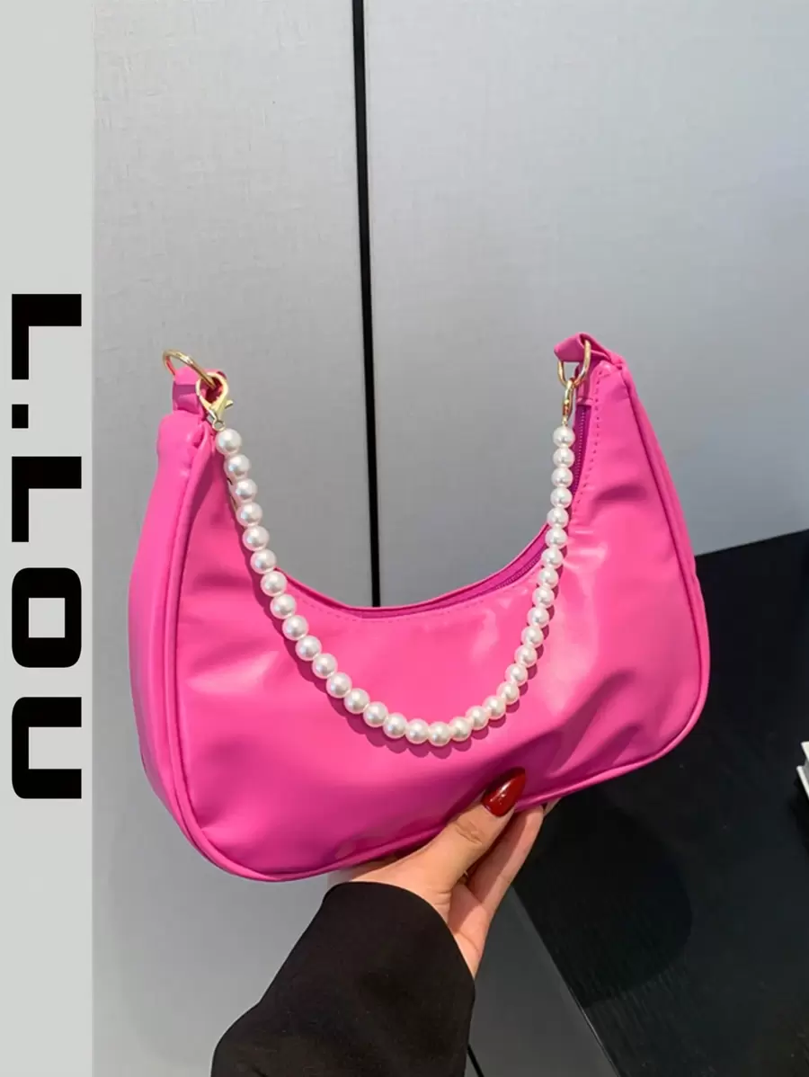 Bolso de hombro con cadena de perlas en forma de media luna con estilo, bolso baguette de hombro con estilo, bolso pequeño de mano, bolso casual para exteriores, bolso versátil para transporte