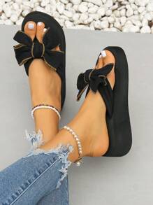 女士蝴蝶结装饰人字拖，高跟凉鞋，时尚户外，防滑厚底，沙滩，夏季度假 - 黑色 - 查看 7