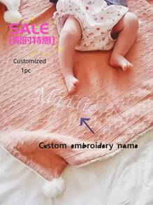 Customizable Name Embroidered Jacquard Knit Pom-Pom Baby Blanket, Infant Faux Sherpa Nap Mat, Baby Stroller Cover Blanket - Multicolor - View 2