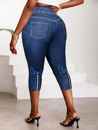 Plus Size Women Tight-Fitting 3/4 Length Pants, Elegant Bowknot 3D Print Design, High Elasticity