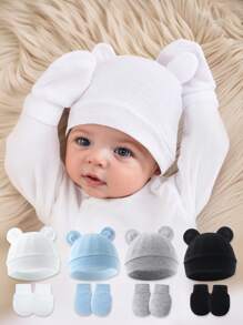 4pcs/Set Solid Color Baby Hats + Anti-Scratch Mittens Gift Set, Suitable For Newborn Infants 0-6 Months, Everyday Casual Wear For Spring, Summer, Autumn, Winter - Multicolor - View 5