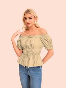Blusa top lazo frontal lace up con manga corta abombada y bordado. - Beis - Ver 7