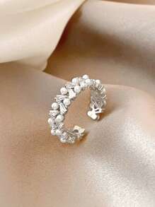 1 Stück minimalistischer, modischer offener Ring mit Zirkonia-Kunstperlen, geeignet für den Alltag und Festivals - Silber - Übersicht 2