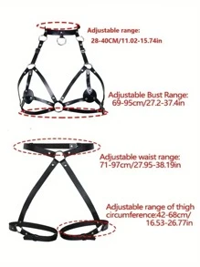 2 件哥特式镂空网眼可调节吊带紧身胸衣，朋克纹理蜜桃臀围 PU 内衣套装，性感训练束缚装，狂欢 - 黑色 - 查看 6