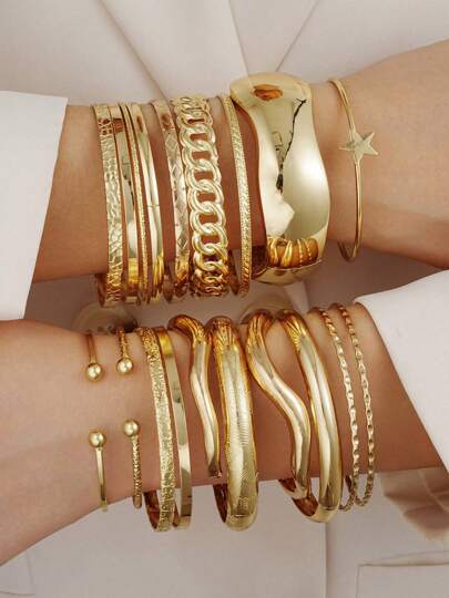 3-19pcs/Set Exaggerated Asymmetrical Wide Cuff Bracelet Set, Fashionable Accessories Suitable For Daily Wear, Dating, Party, Birthday Gift For Women